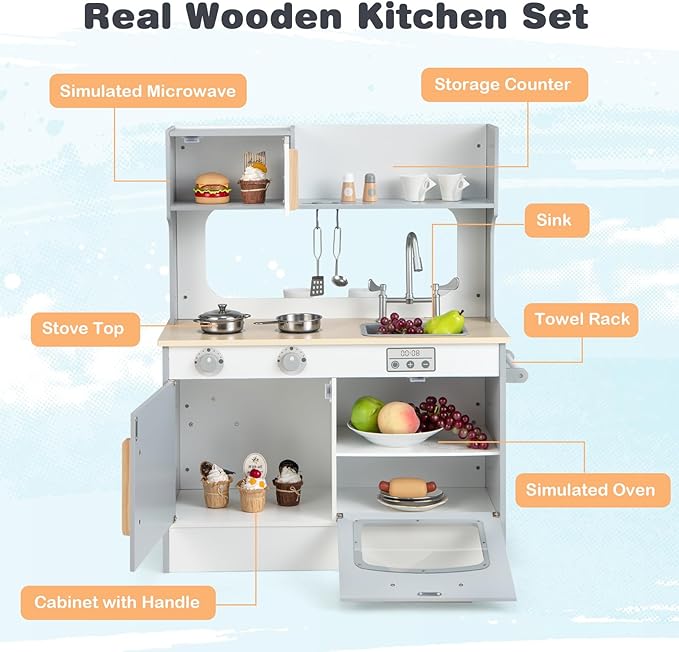 HONEY JOY Kids Kitchen Playset, Double Side Little Chef Play Kitchen for Toddler & Restaurant, Cookware, Microwave, Sink, Storage Cabinet, Wooden Pretend Play Toy Kitchen Set, Gift for Boy Girl, Gray