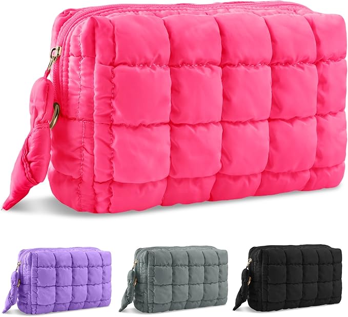 Puffer Quilted Makeup Bag Cosmetic Bags,Puffy Travel Toiletry Pouch for Women,Cute Checkered Zipper Bag Travel Essential,Portable Aesthetic Make up Organizer Bag for Gifts Work Daily(RoseRed,M)