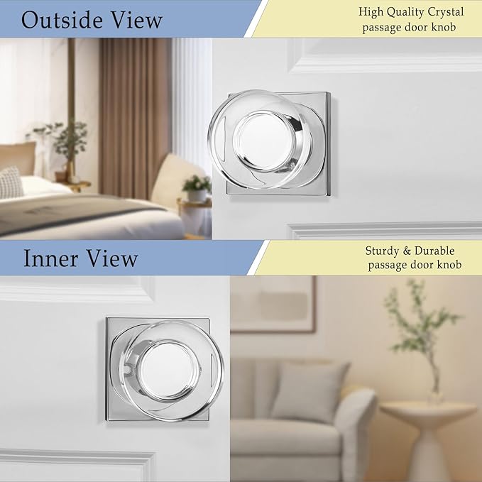 coolnews Crystal Glass Door Knobs Interior, Heavy Duty Square Passage Door Knob for Hall/Closet, Polished Chrome Finish