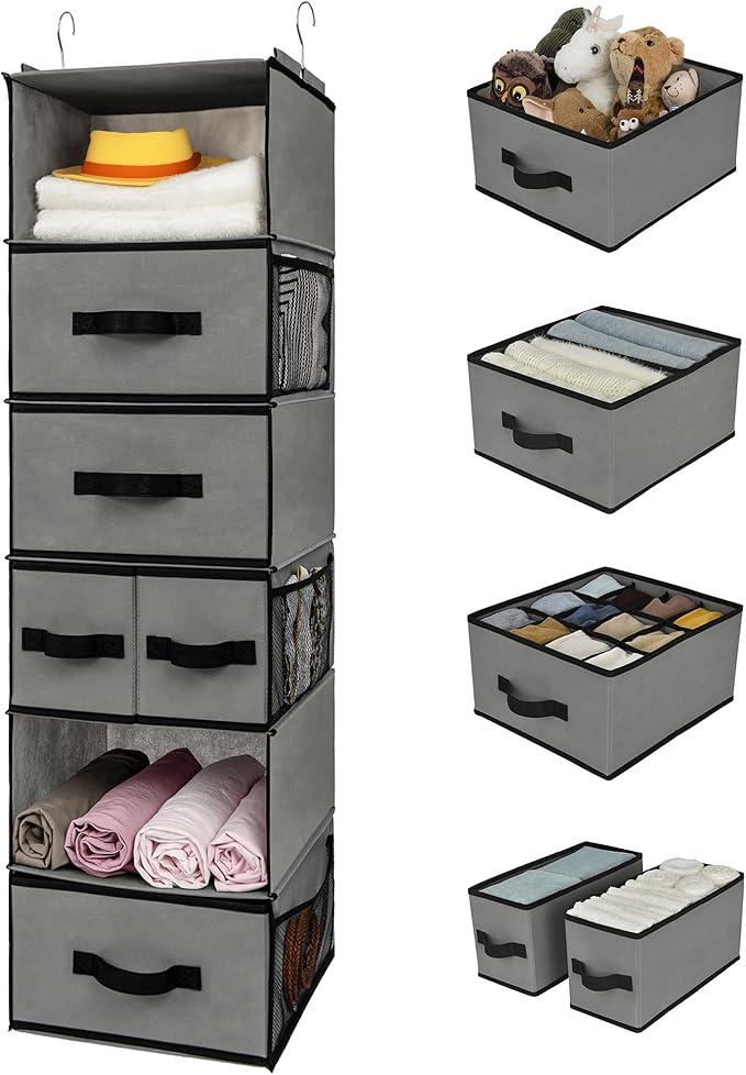 GRANNY SAYS Hanging Closet Organizer 6 Shelves, Closet Organizers and Storage with 5 Drawers, 6 Side Pockets Closet Hanging Organizer, Hanging Storage Organizer for Closet, Baby Clothes, Gray