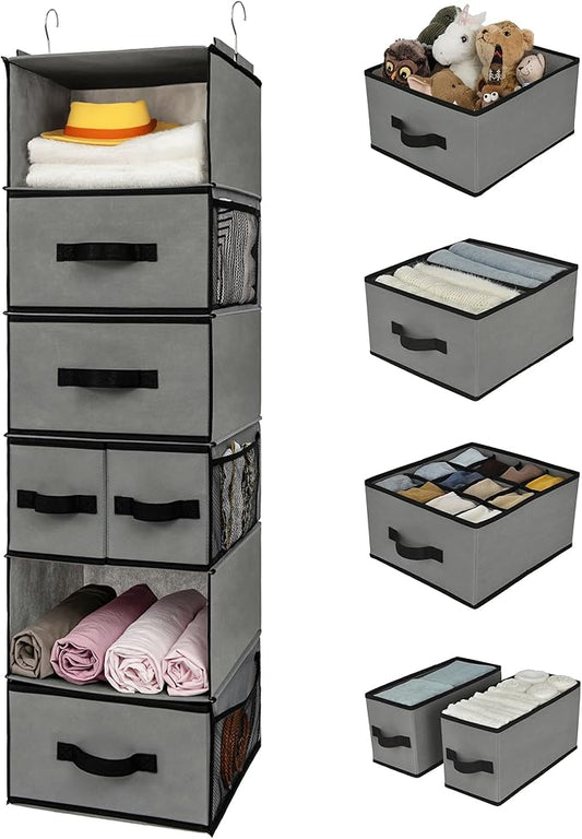 GRANNY SAYS Hanging Closet Organizer 6 Shelves, Closet Organizers and Storage with 5 Drawers, 6 Side Pockets Closet Hanging Organizer, Hanging Storage Organizer for Closet, Baby Clothes, Gray