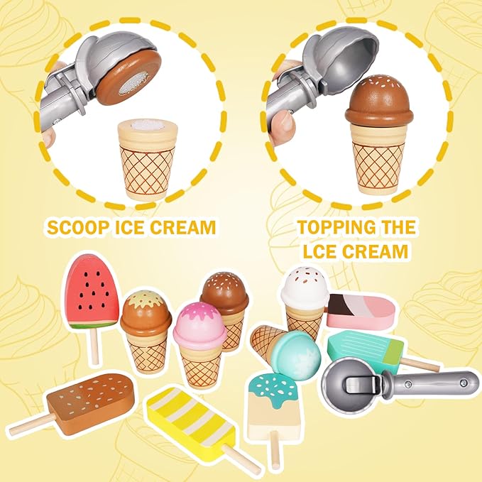 Ice Cream Counter Playset for Kids, Montessori Pretend Play Food Toys Kitchen Accessories Wooden Popsicle Set with Scoop & Fake Cash,Ice Cream Shop Toys Toddler Learning Toy for Kids
