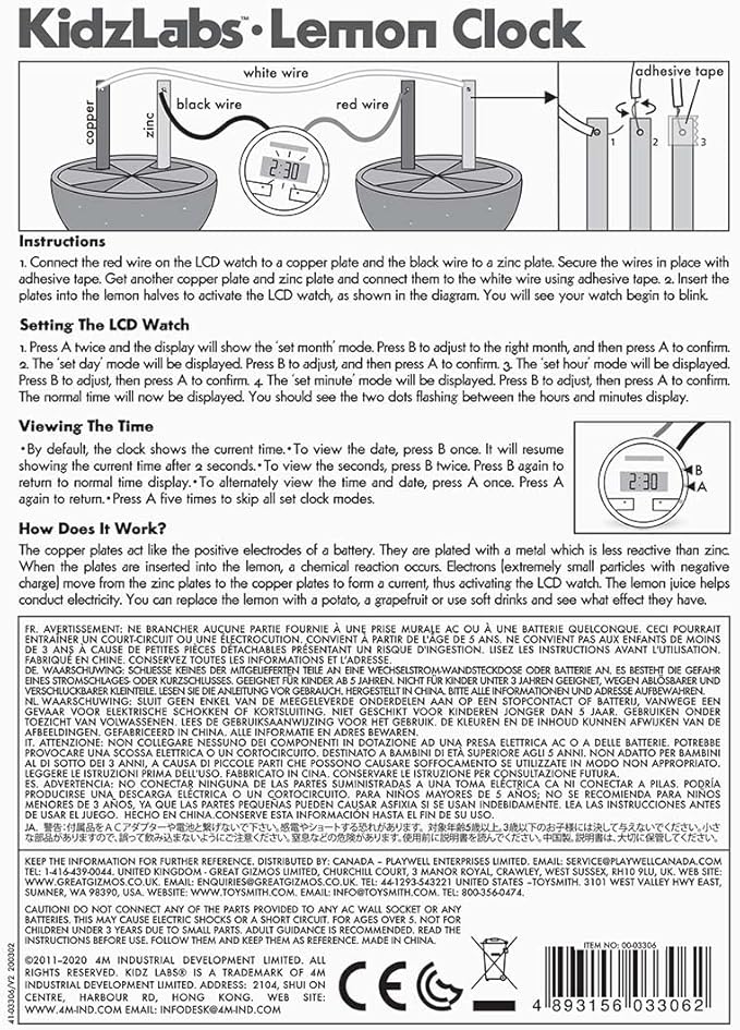 4M Kidzlabs Lemon Powered Clock, Chemical Electrical Science Lab Experiment - STEM Toys Educational Gift for Kids & Teens, Girls & Boys 12 Count (Pack of 1)