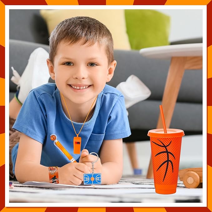 122 Pcs Basketball Party Favors Set Basketball Goodie Bags Stuffers Includes Cups with Straw Mini Stress Ball Keychains Slap Bracelets Whistles Stickers Pens for Birthday Party Supplies