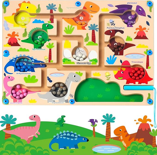 Magnetic Color and Number Maze Dinosaurs, Montessori Fine Motor Toys for 3+ Year Old, Wooden Matching Counting Educational Toys for Boys and Girls Toddlers Kids Gift