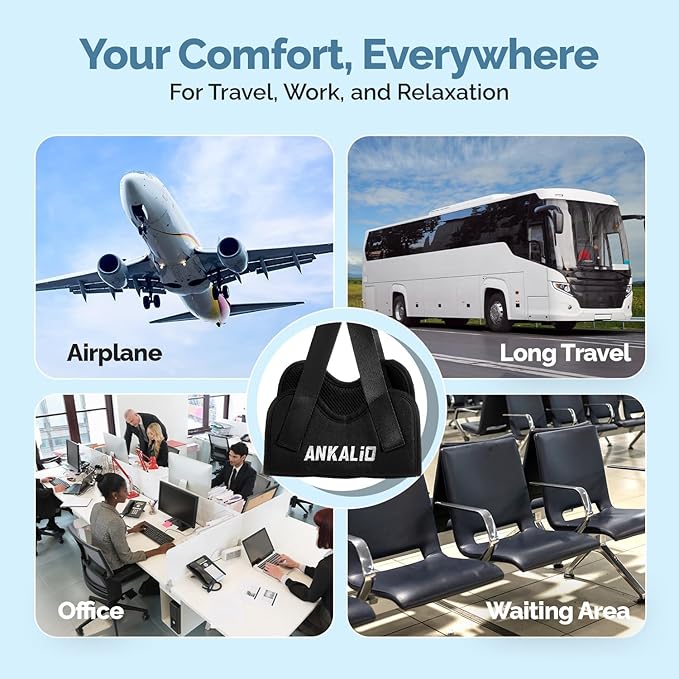 2 Pcs Airplane Foot Hammock–Adjustable Foot Hammock for Plane Travel with Thick Bamboo Base, Lightweight Travel Footrest for Office, Flights(Black)