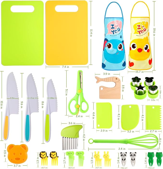 Kids Montessori Cooking Kitchen Toys and Toddler Knife Set - 30Pcs Kids Knifes for Real Cooking and Baking Accessories ,Toddlers Kitchen Tools Ages 3-10 Kids Birthday (30 PCS)