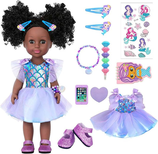 14.5 Inch Black Dolls Realistic Baby Doll Clothes and Accessories,Silicone African Baby Doll with Doll Princess Deep Sea Theme Dress Best Gift for Girls Kids