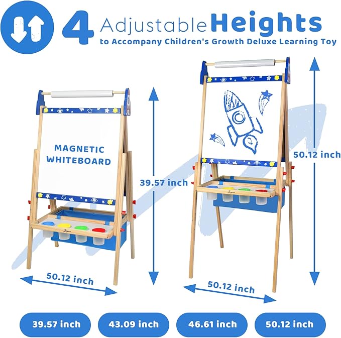 Joyooss Art Easel for Kids, Adjustable Standing Kids Easel with Magnetic Whteboard & Chalkboard, Magnetic Board for Kids Art Easel Kids with 2 Paper Rolls, Finger Paints, Letters & Numbers Magnets