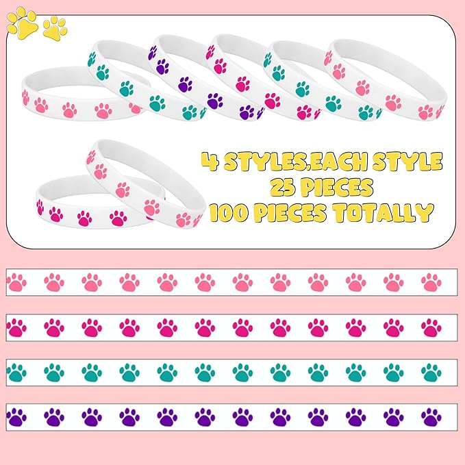 Funtery 100 Pcs Paw Print Rubber Bracelet Silicone Stretch Wristbands Dog Paw Silicone Bracelet Rubber Wristbands Dog Party Favors Birthday Party Supplies Decorations(Bright Color)