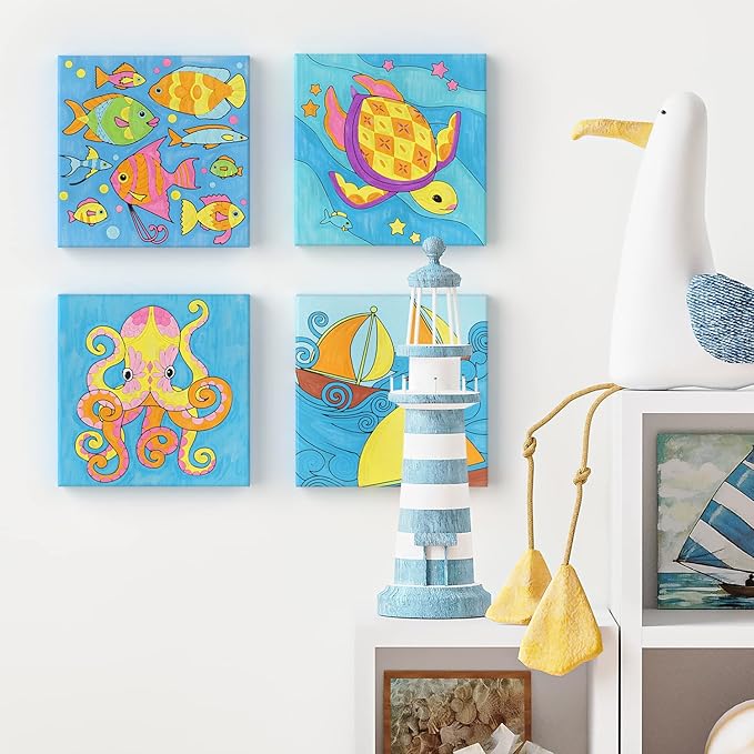 Arteza Kids Ocean Scenes Painting Kit, 4 Canvases 8 x 8 Inches, 24 Acrylic Paints, 4 Paint Brushes, 4 Palettes, Kids Activities Ages 6 and Up