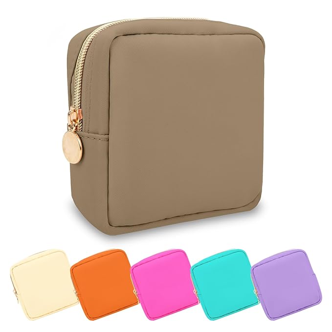 UIXIZQ Mini Makeup Pouch for Purse, Small Cosmetic Bag Pouch Nylon Travel Toiletry Organizers for Women Girls, Cute Zipper Pouch Coin Purse Preppy Storage Bag for School Work(Mini-Khaki)
