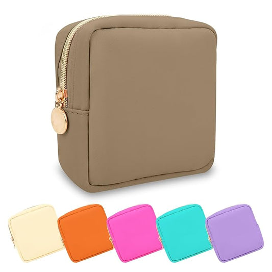UIXIZQ Mini Makeup Pouch for Purse, Small Cosmetic Bag Pouch Nylon Travel Toiletry Organizers for Women Girls, Cute Zipper Pouch Coin Purse Preppy Storage Bag for School Work(Mini-Khaki)