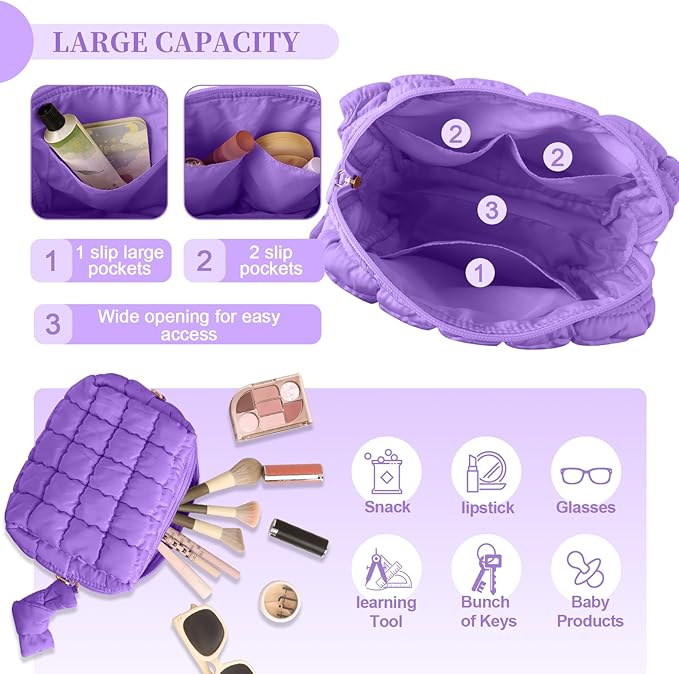Puffer Quilted Makeup Bag Cosmetic Bags,Puffy Travel Toiletry Pouch for Women,Cute Checkered Zipper Bag Travel Essential,Portable Aesthetic Make up Organizer Bag for Gifts Work Daily(Purple,M)
