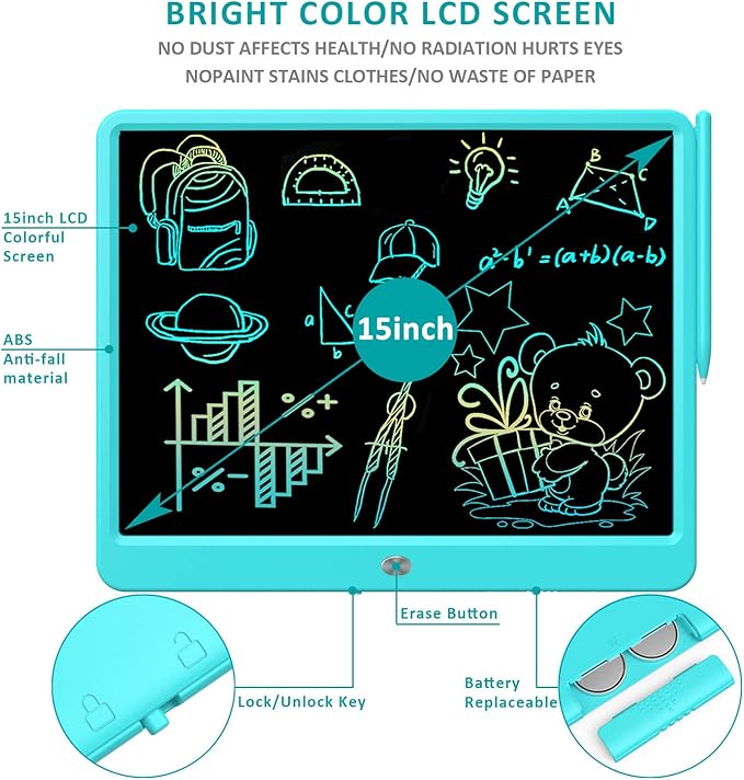 FLUESTON LCD Writing Tablet, Doodle Board Toys Gifts for 3-8 Year Old Girls Boys, 15 Inch Colorful Electronic Board Drawing Pad for Kids, Gifts for Toddler Educational Learning Travel Birthday, Blue