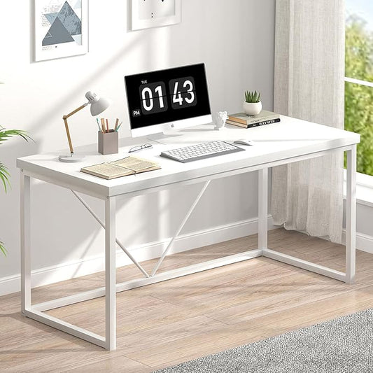 EXCEFUR Home Office Desk, Modern Wood Computer Desk, Wood Study Writing Table, Simple Gaming Executive Desk Workstation for Bedroom Living Room, White, 53 inch