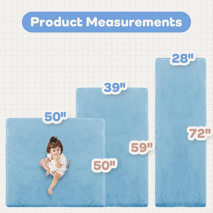 1.3" Thick Baby Floor Play Mat 50x50, Basic Padded Foam Mat for Tummy Time Crawling, Non Slip Cushioned for Babies Toddlers Infants Kids (Ice Blue)