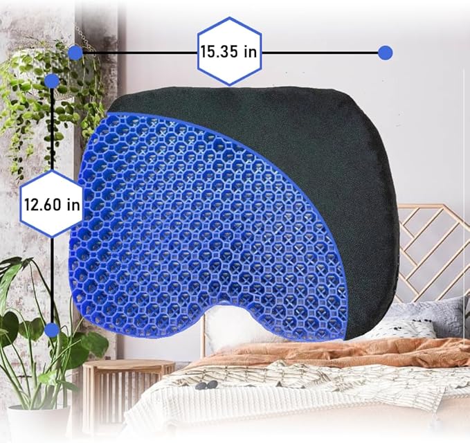 Blue Gel TPU Seat Cushion — Contoured Honeycomb Cooling Gel Cushion for Long Sitting, Pressure Relief for Tailbone & Sciatica, Non-Slip Washable Cover — 15.35 x 12.6 in