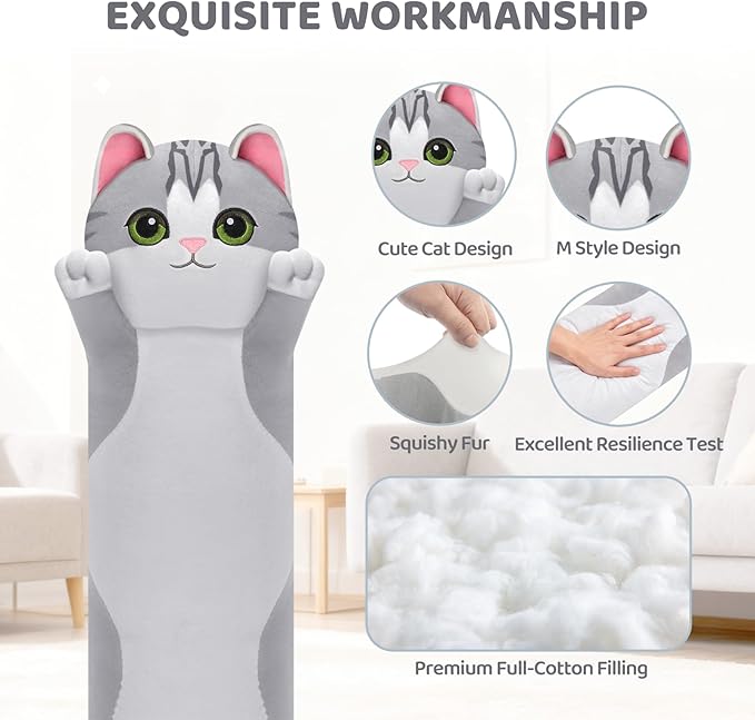 Mewaii Artist-Designed Ultra Soft Long Cat Plush Body Pillow, Extra Stuffing for Comfort, Premium Quality Stuffed Animal Gift for Girlfriend or Cat Lovers (Grey Body Pillow 44 Inch)