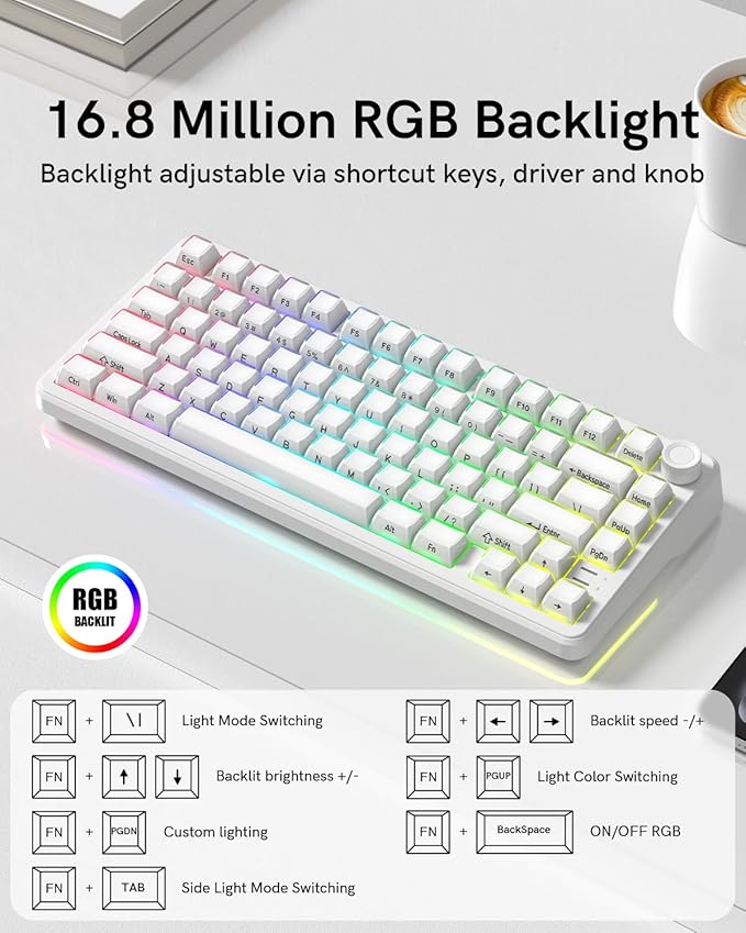 L75 Wireless Mechanical Keyboard with Knob, 75% Hot Swappable Custom Gaming Keyboard Gasket Structure with RGB Backlit, Pre-lubed Switches, Crystal Jelly PBT Keycaps, 2.4GHz/USB-C/BT5.0 Mode