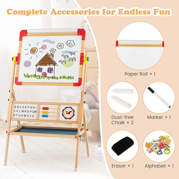 HONEY JOY Easel for Kids, Rotatable Double-Sided Wooden Toddler Easel w/Magnetic Chalkboard & White Board, Paper Roll, Painting Accessories, Dry Erase Board, Art Easel for Boys Girls