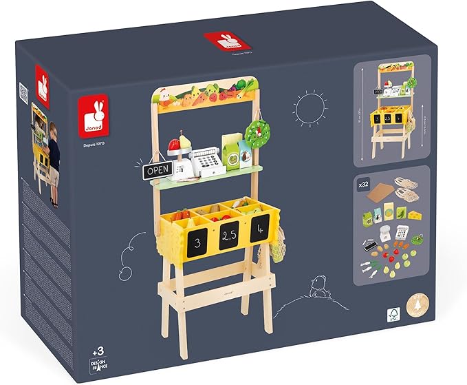 Janod - Children's Merchant Farm Market - Imitation Game for Children - 32 Accessories - Develops Imagination - FSC Wooden Toy - Water Painting - Suitable for Ages 3 and Above - J03322