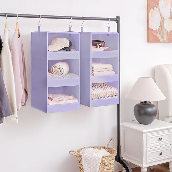 GRANNY SAYS 3 Shelf Hanging Closet Organizers and Storage, Collapsible Closet Storage Organizer with 2 Metal Hooks, Leak-Proof Hanging Shelves for Closet, Dorm Room, Nursery, 2 Pack, Purple