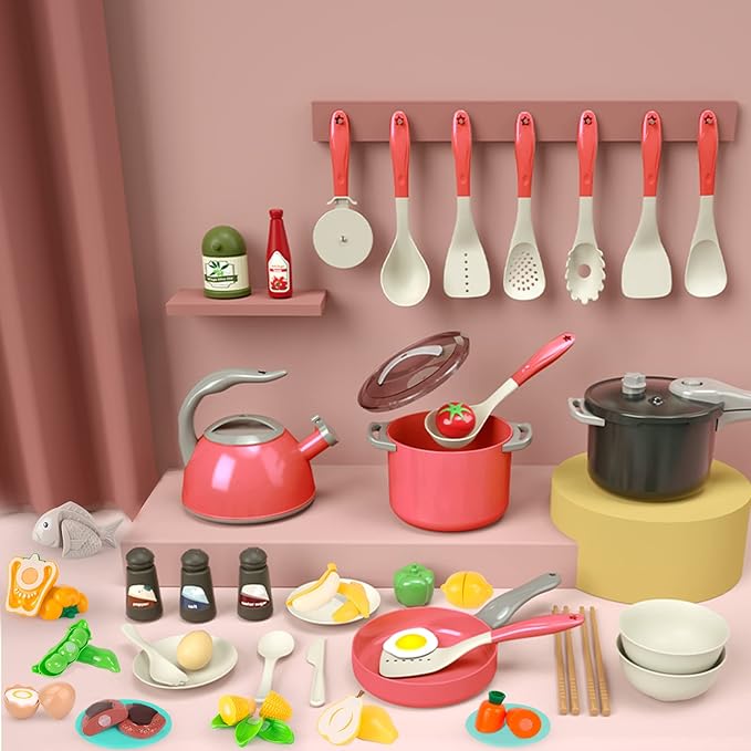 Bruvoalon 67Pcs Kids Play Kitchen Toys Set, Toddlers Pretend Cooking Playset Acccessories with Pots Pans, Utensils Cookware, Foods, Canned Veges, Learning Gift for Kids Girls Boys (Red)
