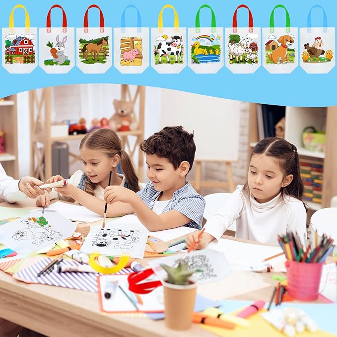 Kacctyen 45 Pcs Color Your Own Goodie Bags Reusable Farm Animals Art Party Favor Paint Bags for Farmhouse Theme Barnyard Birthday Graffiti Goodie Bags, 9 Styles