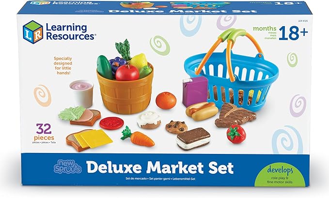 Learning Resources New Sprouts Deluxe Market Set - 32 Pieces, Ages 18+ Months Pretend Play Food for Toddlers, Preschool Learning Toys, Kitchen Play Toys for Kids