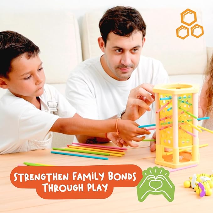 Nene Toys BeeFall, 4-in-1 Wooden Honey Bee Toy for Kids Ages 3-9 - Educational Game with Wooden Honeybee Hive, 12 Bees, Colorful Sticks, Dice & Cards - Fun Family Game for Cognitive Development