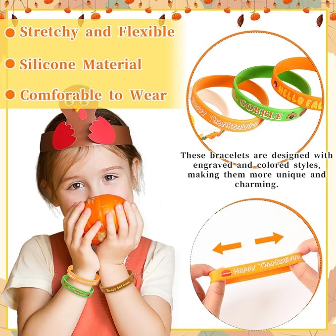 JUNEBRUSHS 42pcs Thanksgiving Party Favors Silicone Bracelets Rubber Wristbands Accessories for Autumn Thanksgiving Kids Adults Party Decorations Stuffers Filler Gift Supplies(7 Designs)