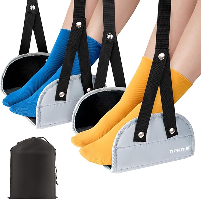 TIPKITS 2 Pack Foot Hammock for Plane Travel with Comfortable No Clashing Base, Portable Foot Rest Made with Premium Memory Foam, Airplane Footrest Travel Essentials to Relax Your Feet