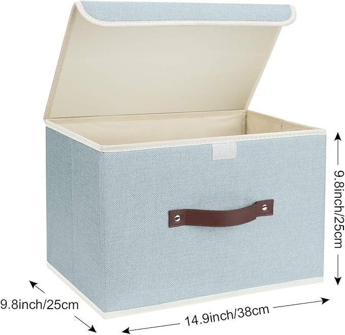 TYEERS Collapsible Storage Boxes, Washable Fabric Storage Bins with Lids, 14.9x9.8x9.8 inches, 2 Pack, Aqua Spring