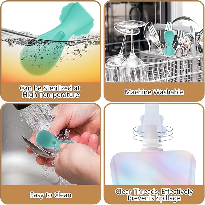 Silicone Spoon Attachment for Baby Food Pouch with On-the-Go Cases - Includes 2 Squeeze Pouch Topper Attachments (White-green)