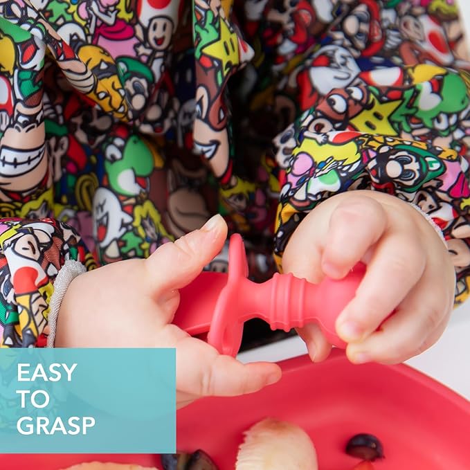 Bumkins Baby Utensils Set, Chewtensils Silicone Spoons for Dipping, Self-Feeding, Baby Led Weaning, Trainer Learning, First Stage Eating, Soft Practice Fork and Spoon, Babies 6 Months, Red