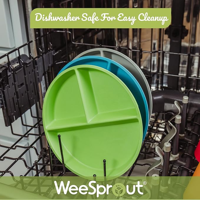 WeeSprout Divided Bamboo Plates for Kids, Kids Plates Made With Food Grade Natural Bamboo, Divided Design for Picky Eaters, Kid-Sized Reusable Tableware, Dishwasher Safe Dinnerware, Set of 4