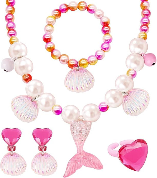Girl Princess Necklace Bracelet Set, Sea Shell Pearl Earrings and Ring, Pretend Play and Dress up Jewelry Mermaid Style Play Accessories for Birthday Gifts Cosplay, Halloween, Christmas