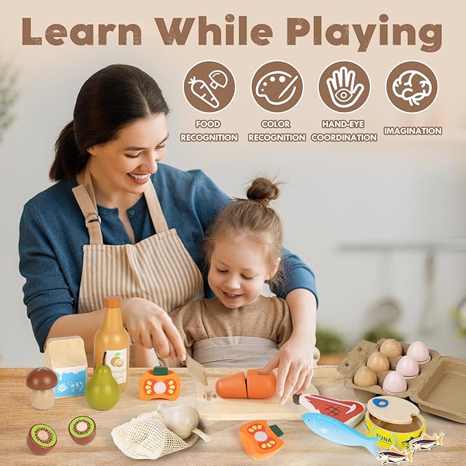 Lehoo Castle Wooden Play Food Sets for Kids Kitchen, Food Toys for Toddlers 3+ Year Old, with Shopping Bag, Pretend Food Play Kitchen Cutting Fruits Vegetables Toys, Gift for Boys Girls