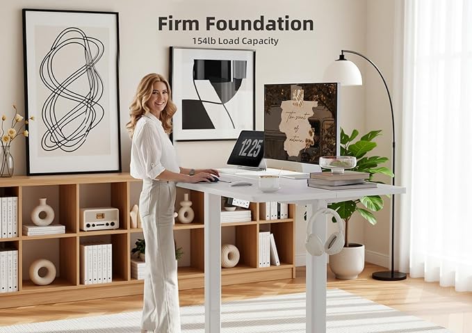 Seang Electric Height Adjustable Standing Desk, 55 x 24 Inch Sit-Stand Desk with T-Shaped Frame, 3 Memory Presets & Cable Management for Home Office Computer Workstation, White Frame/White Top