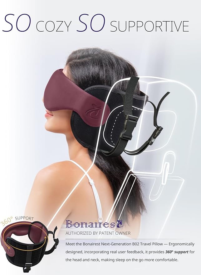 Bonairest Travel Pillow, Airplane Neck Pillow with 3D Eye Mask for Sleeping, Round Edge Plane Head Strap 360°Headrest Support for Long Flight, Stop Bobblehead, Travel Essential for Car Road Trip Red