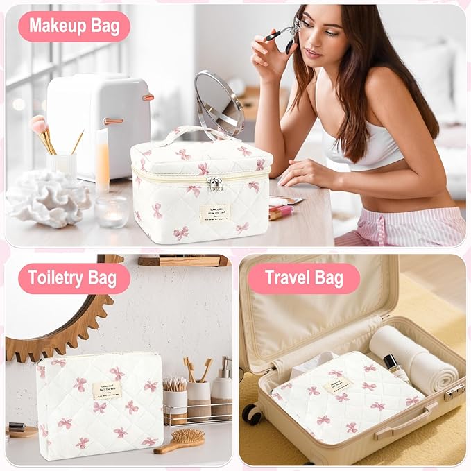 URSKYTOUS 3Pcs Cotton Quilted Makeup Bag for Women Extra Large Coquette Small Floral Travel Cosmetic Bag Set Aesthetic Cute Bow Makeup Pouch Portable Toiletry Bag Puffy Essential Storage Organizer
