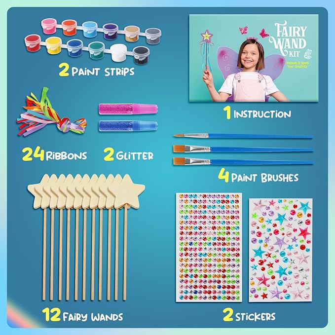 Byncceh 12 Sets Make Your Own Wooden Princess Wand Craft Kit, Fairy Wands Kit Include Fairy Wands, Gems Stickers, Paint & Ribbons Decorate Art DIY Magical Show for Party Supplies for Girls Gifts