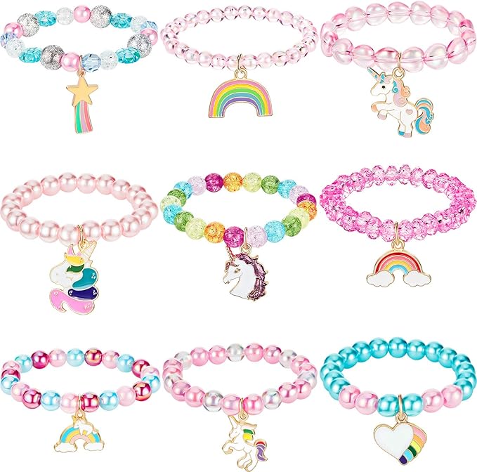 Hicarer 9 Pieces Unicorn Girls Bracelets for Toddler Little Girls Rainbow Bracelets Princess Colorful Cute Beaded Jewelry for Gift Goodie Bag Stuffers Birthday Party Favors(Bead Style)