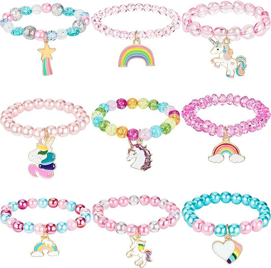 Hicarer 9 Pieces Unicorn Girls Bracelets for Toddler Little Girls Rainbow Bracelets Princess Colorful Cute Beaded Jewelry for Gift Goodie Bag Stuffers Birthday Party Favors(Bead Style)