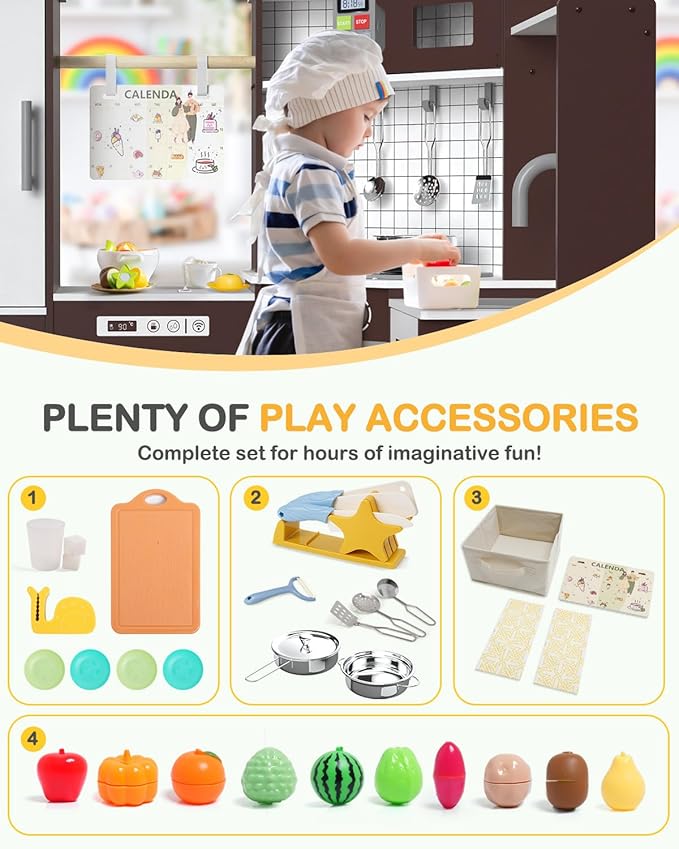Babytronic Corner Wooden Play Kitchen Set for Kids w/Lights & Sounds, Pretend Play Kitchen Playset with Stove, Microwave, Ice Maker & Accessories, Perfect for Toddlers & Multiple Children (Coffee)