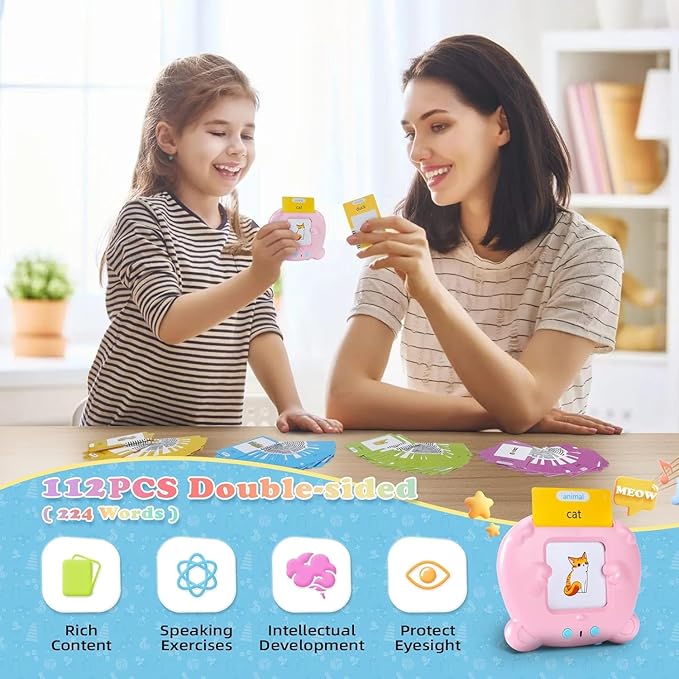 Upgraded Talking Flash Cards for Toddlers, 1 Year Old Boy Girl Birthday Gift, Montessori Toys for 1 2 3 Year Old, 224 Sight Words Flash Cards Kindergarten, Speech Therapy Toys for Toddlers 1-3, Pink
