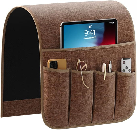 Sofa Armrest Organizer,Non-Slip Remote Control Holders for Recliner Couch,Chair Armchair Caddy with 5 Pockets for Table,Cell Phone,Ipad,Magazines,Books (13x35In, Coffee)