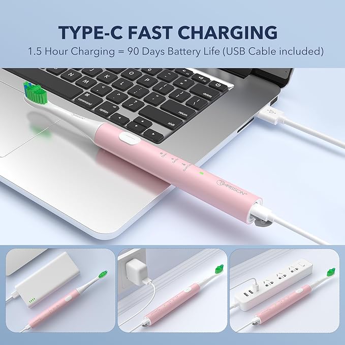 ARISSON [2024 Newer Version] Sonic Electric Toothbrush for Adults, 1.5H Charge for 90 Days, 40,000 VPM, 2 Min Timer, [Faster Charging, Stronger Cleaning, Smarter Brushing] White on Baby Pink