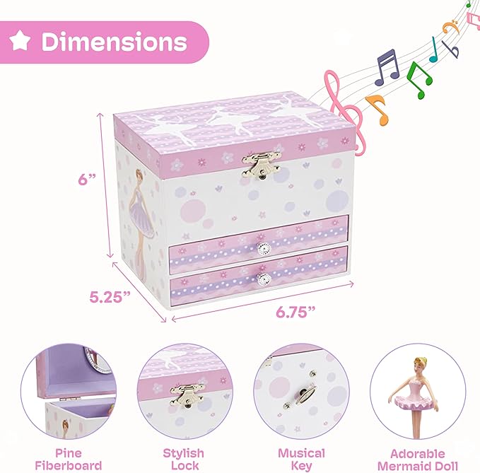 Jewelkeeper Jewelry Box - Jewelry Box for Girls with Ballerina and Music Box - Dual Drawers and Spacious Storage - Swan Lake Tune - White and Purple Keepsake Box - 6 x 6.75 x 5.25 Inches